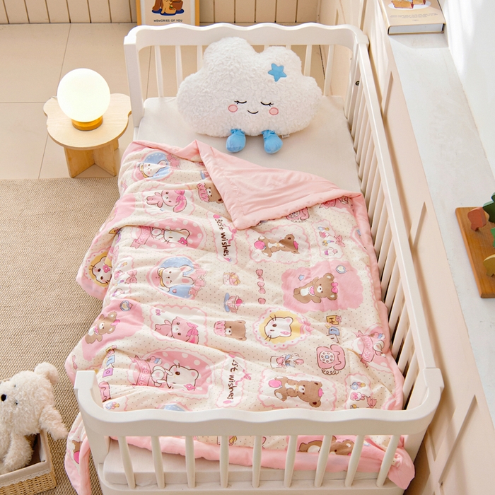 91家纺网 家纺一手货源 找家纺 吉咪兔家纺 2024年新款水洗棉儿童夏凉被婴儿空调被宝宝幼儿园专用大豆芯夏季薄款小被子 粉色猫咪