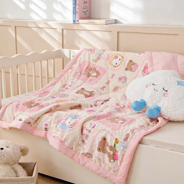 91家纺网 家纺一手货源 找家纺 吉咪兔家纺 2024年新款水洗棉儿童夏凉被婴儿空调被宝宝幼儿园专用大豆芯夏季薄款小被子 粉色猫咪