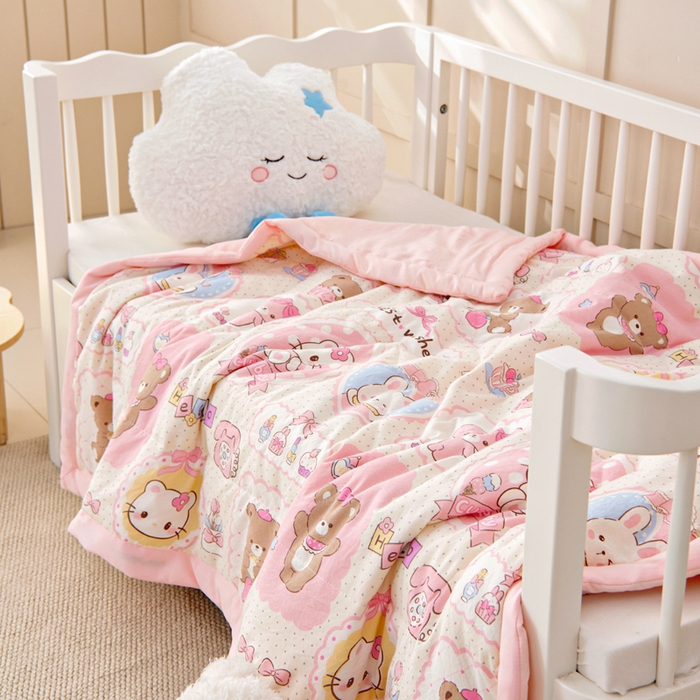 91家纺网 家纺一手货源 找家纺 吉咪兔家纺 2024年新款水洗棉儿童夏凉被婴儿空调被宝宝幼儿园专用大豆芯夏季薄款小被子 粉色猫咪