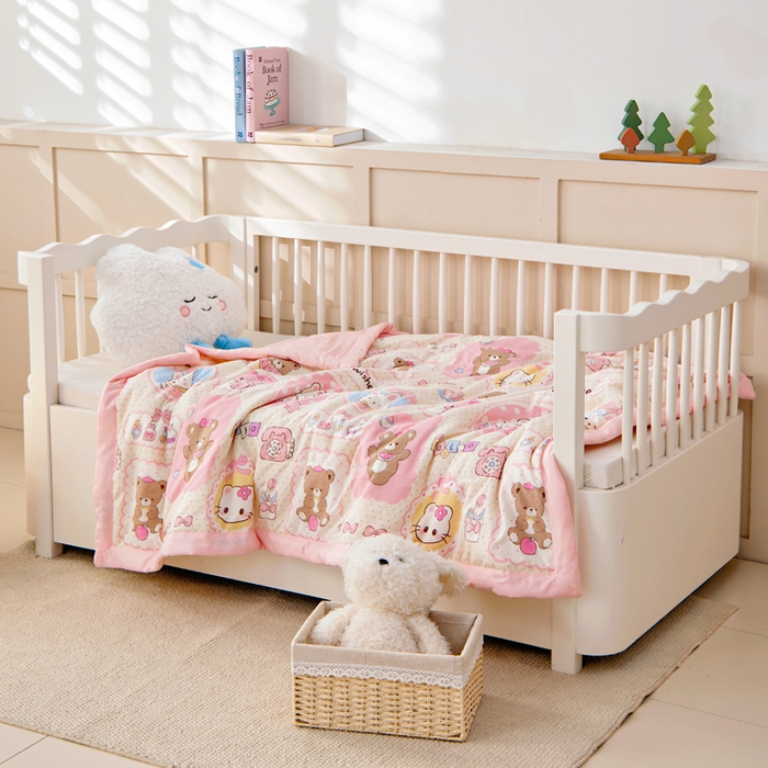 91家纺网 家纺一手货源 找家纺 吉咪兔家纺 2024年新款水洗棉儿童夏凉被婴儿空调被宝宝幼儿园专用大豆芯夏季薄款小被子 粉色猫咪