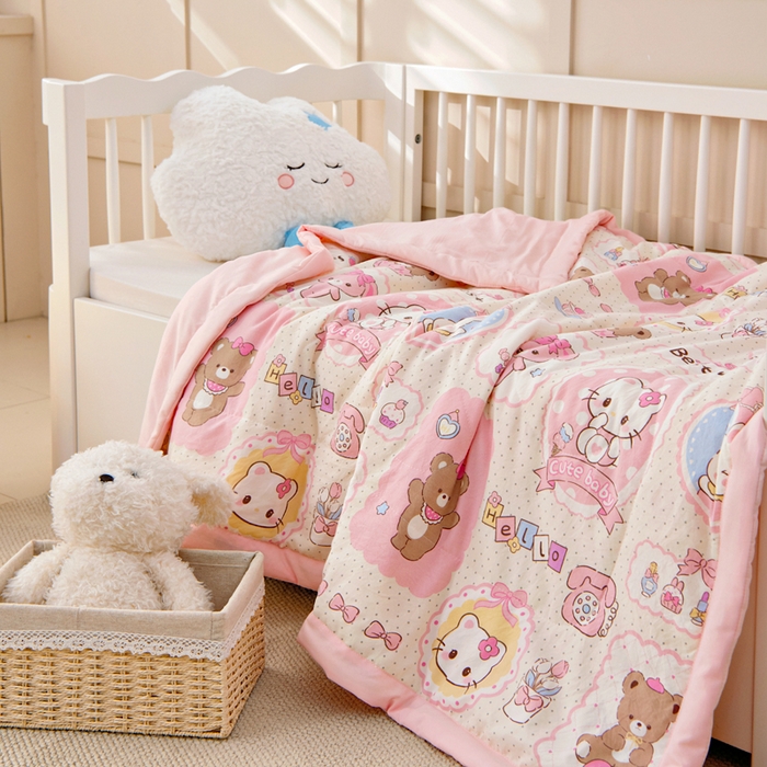 吉咪兔家纺 2024年新款水洗棉儿童夏凉被婴儿空调被宝宝幼儿园专用大豆芯夏季薄款小被子 粉色猫咪