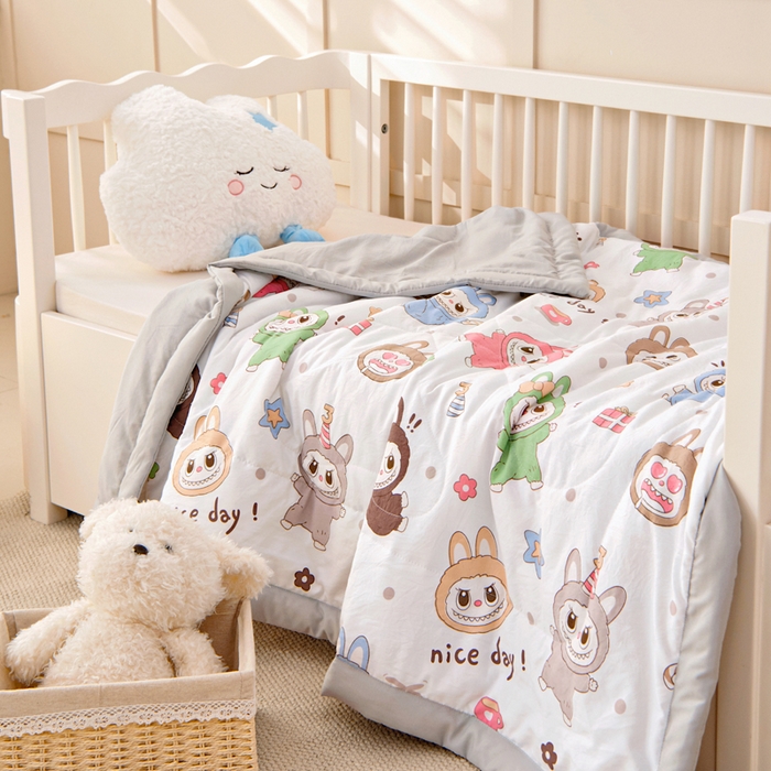 91家纺网 家纺一手货源 找家纺 吉咪兔家纺 2024年新款水洗棉儿童夏凉被婴儿空调被宝宝幼儿园专用大豆芯夏季薄款小被子 梦幻精灵-灰
