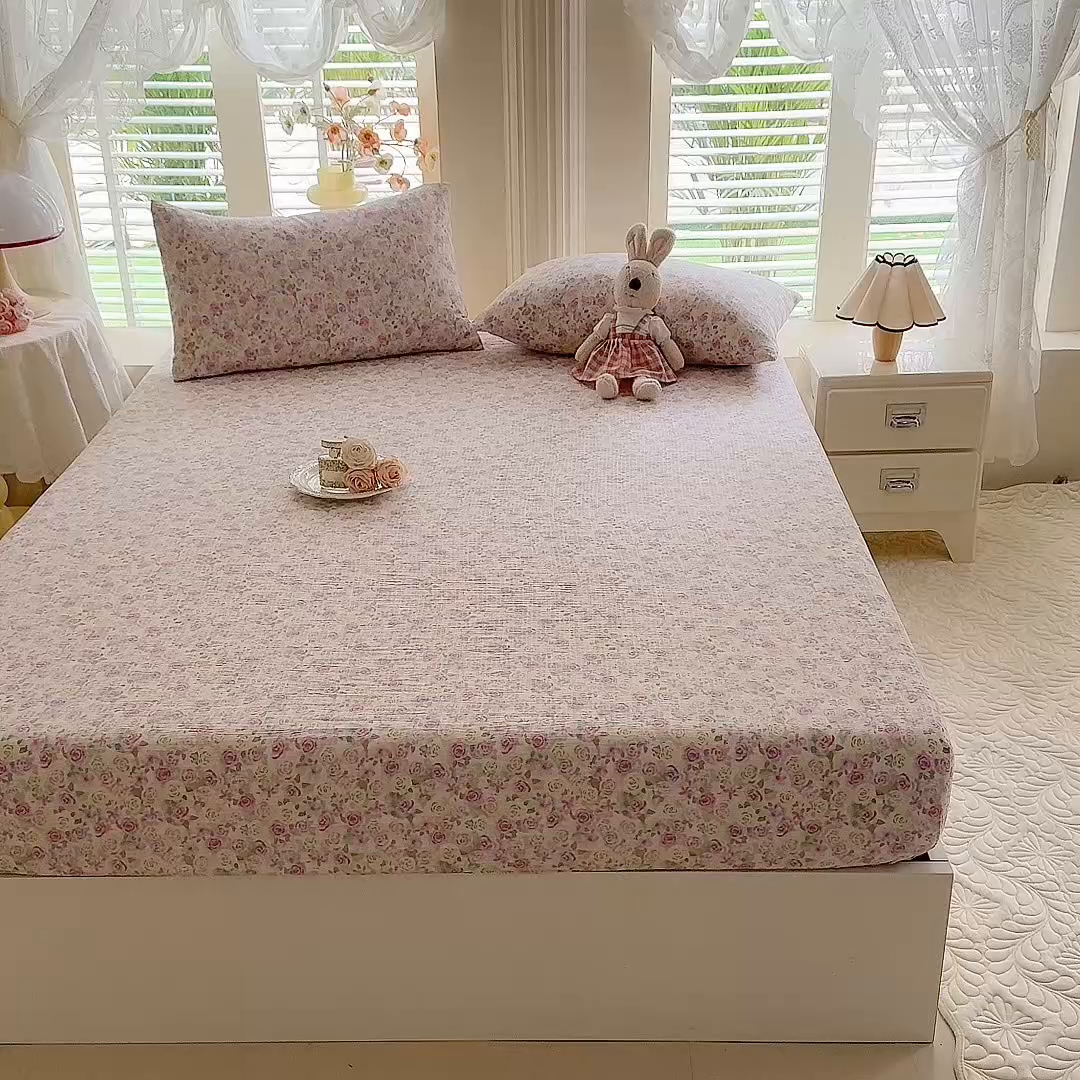 91家纺网 家纺一手货源 找家纺 九诺家纺 2026春夏新款丝柔棉小清新单床笠床罩保护套床笠单件床笠三件套 蔷薇语