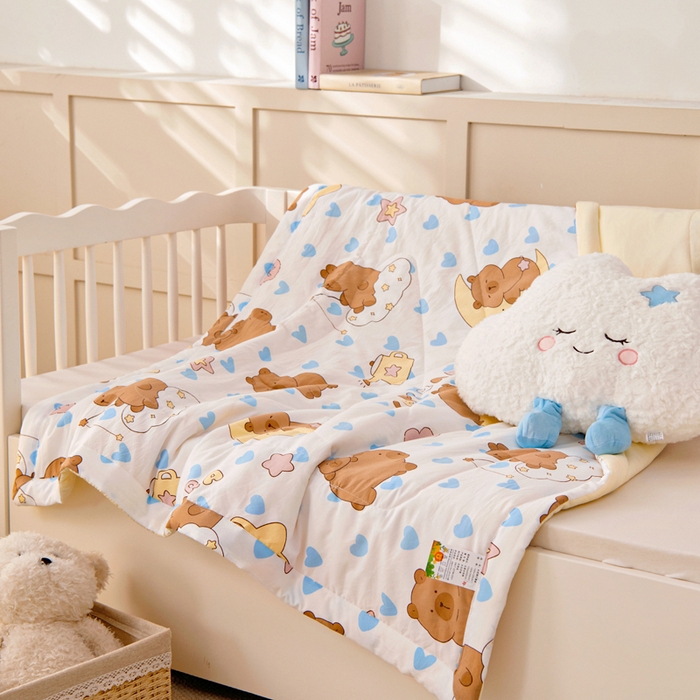 91家纺网 家纺一手货源 找家纺 吉咪兔家纺 2024年新款水洗棉儿童夏凉被婴儿空调被宝宝幼儿园专用大豆芯夏季薄款小被子 星星小熊