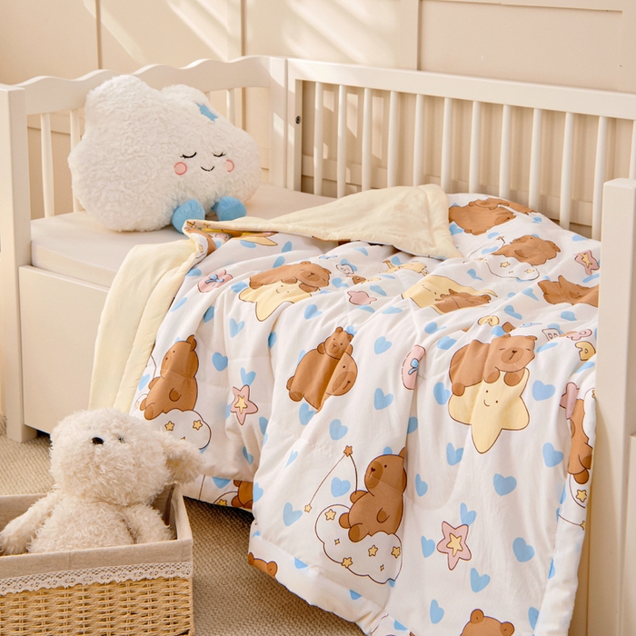 91家纺网 家纺一手货源 找家纺 吉咪兔家纺 2024年新款水洗棉儿童夏凉被婴儿空调被宝宝幼儿园专用大豆芯夏季薄款小被子 星星小熊