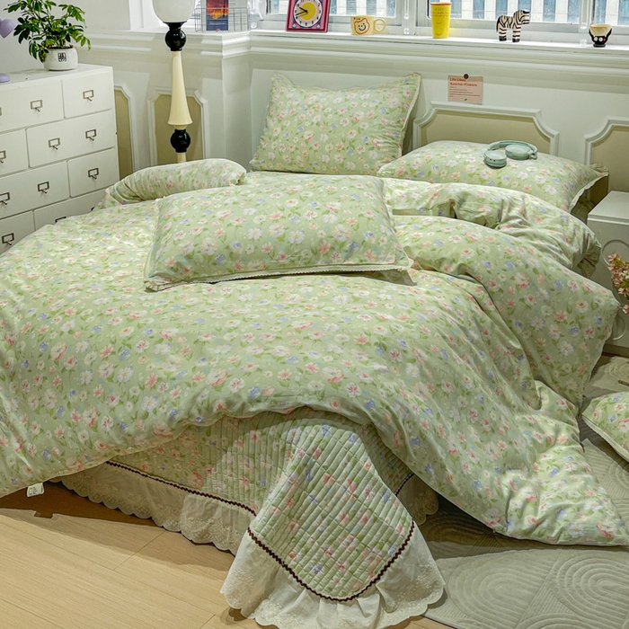 91家纺网 家纺一手货源 找家纺 简一 2026新款全棉床盖四件套春晓绿