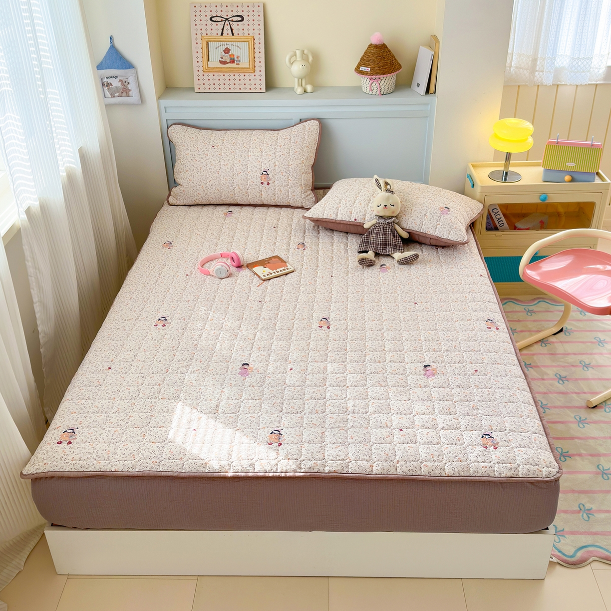 91家纺网 家纺一手货源 找家纺 丽美人家纺 2026新款双层皱皱纱大豆夹棉床笠单床笠床笠单件 JM时光