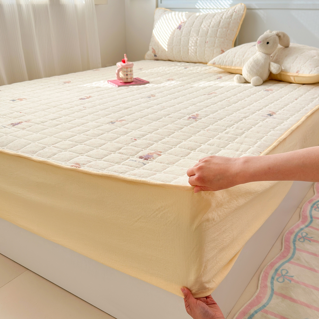 91家纺网 家纺一手货源 找家纺 丽美人家纺 2026新款双层皱皱纱大豆夹棉床笠单床笠床笠单件 JM乐园