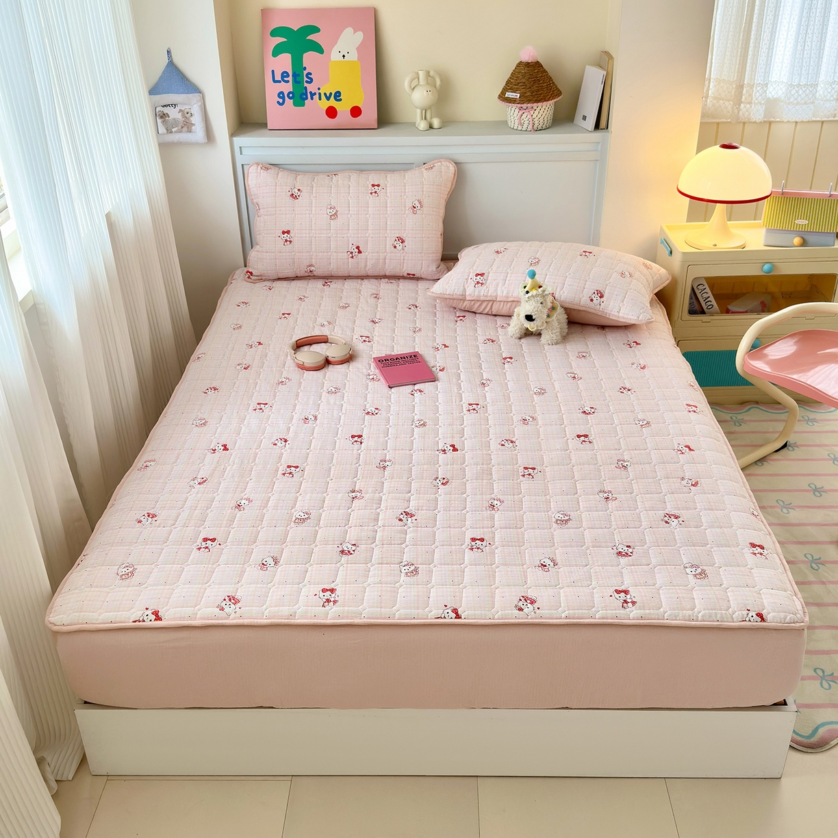 91家纺网 家纺一手货源 找家纺 丽美人家纺 2026新款双层皱皱纱大豆夹棉床笠单床笠床笠单件 JM粉格猫咪