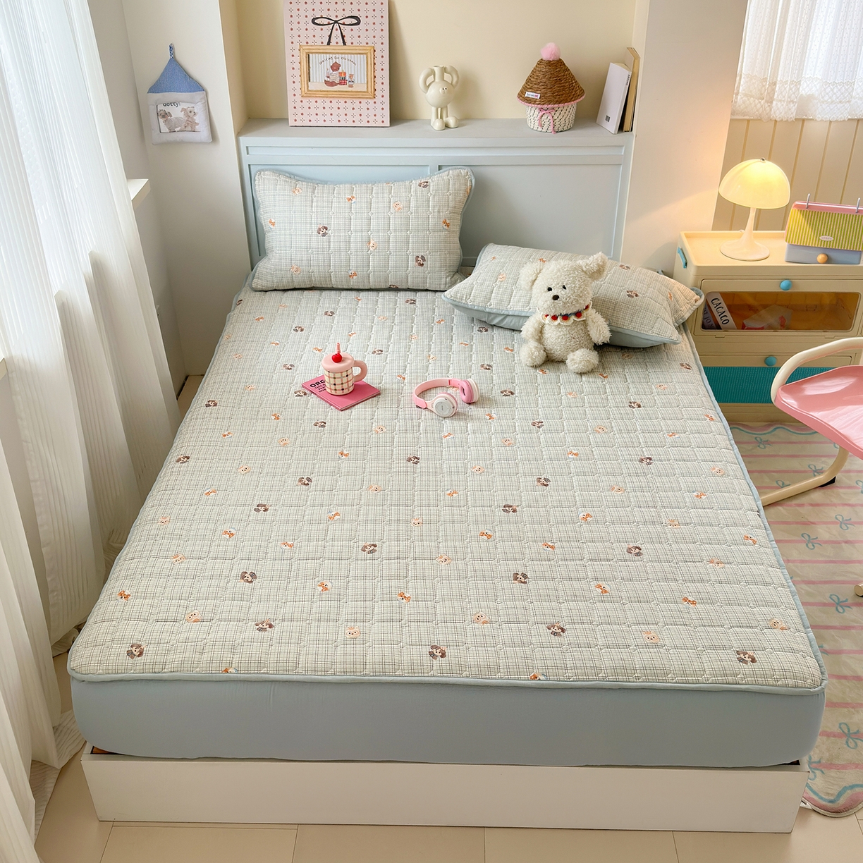 91家纺网 家纺一手货源 找家纺 丽美人家纺 2026新款双层皱皱纱大豆夹棉床笠单床笠床笠单件 JM格仔萌宠