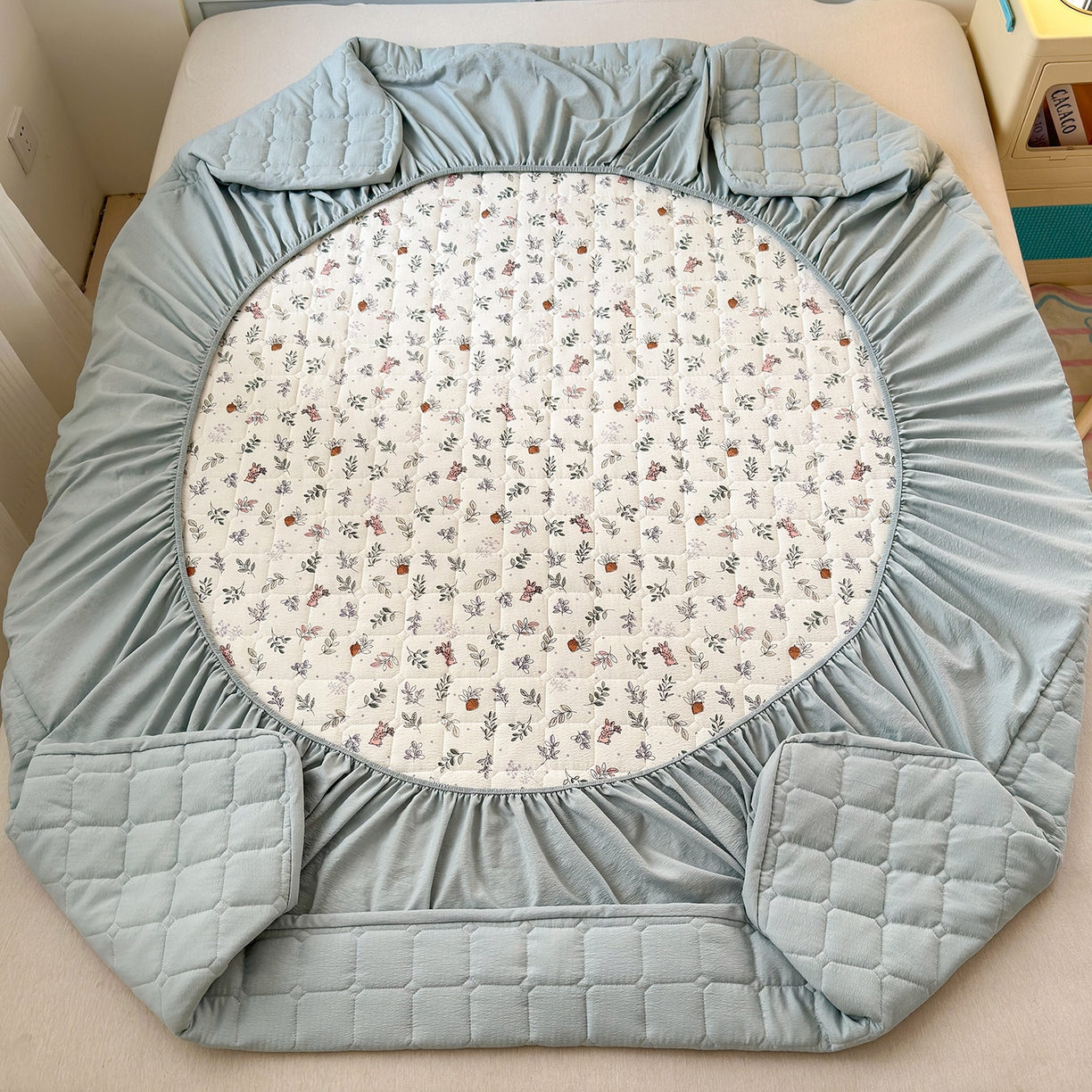 91家纺网 家纺一手货源 找家纺 丽美人家纺 2026新款双层皱皱纱大豆夹棉床笠单床笠床笠单件 JM紫雾叶兔