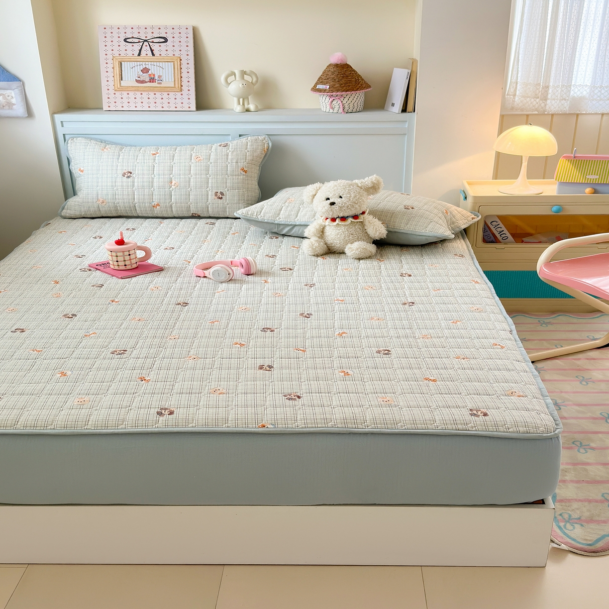 91家纺网 家纺一手货源 找家纺 丽美人家纺 2026新款双层皱皱纱大豆夹棉床笠单床笠床笠单件 JM格仔萌宠