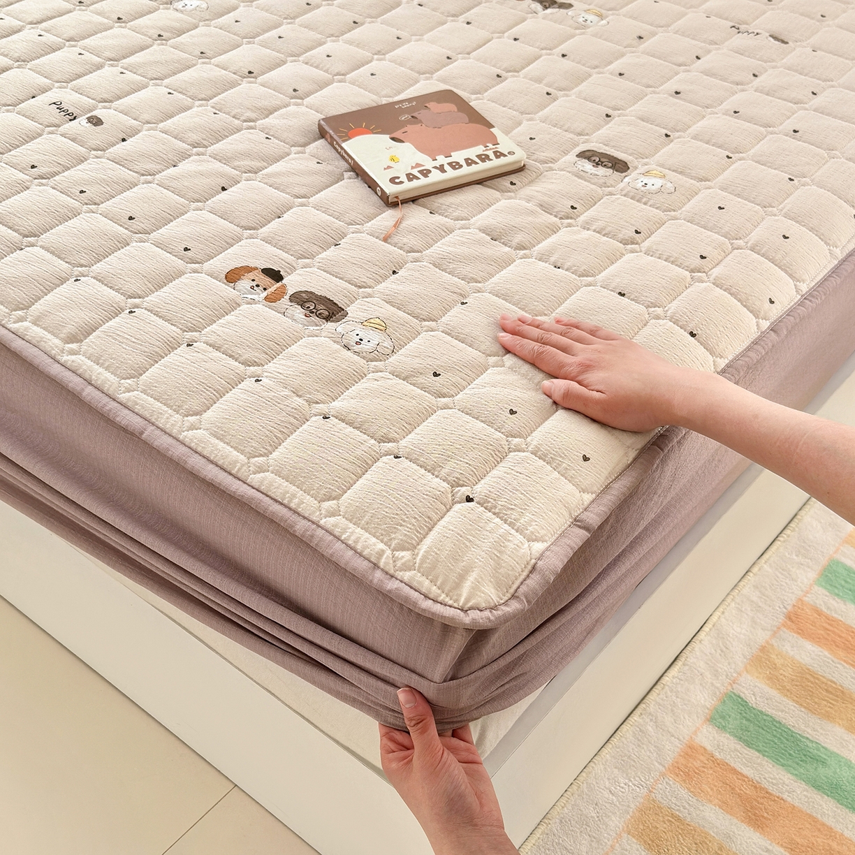 91家纺网 家纺一手货源 找家纺 丽美人家纺 2026新款双层皱皱纱大豆夹棉床笠单床笠床笠单件 JM可爱小狗