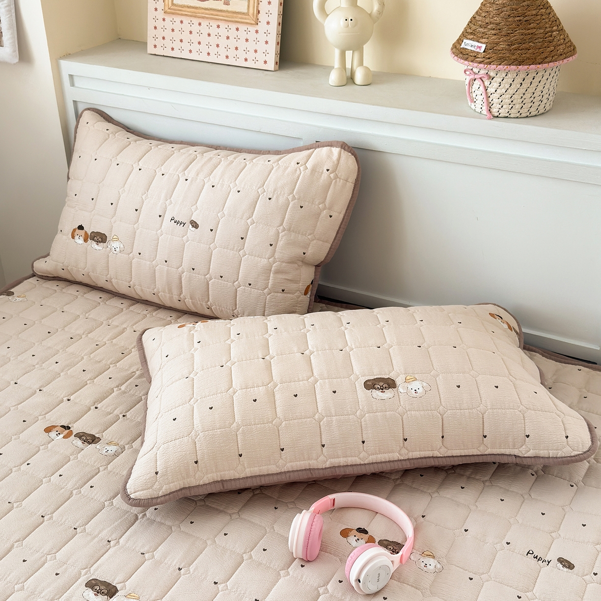 91家纺网 家纺一手货源 找家纺 丽美人家纺 2026新款双层皱皱纱大豆夹棉床笠单床笠床笠单件 JM可爱小狗