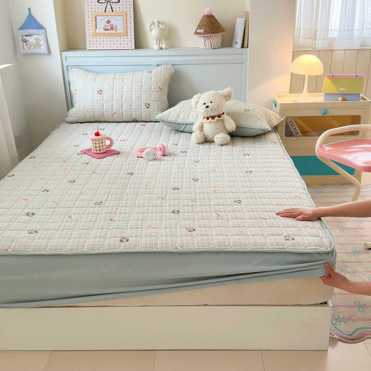 91家纺网 家纺一手货源 找家纺 丽美人家纺 2026新款双层皱皱纱大豆夹棉床笠单床笠床笠单件 JM格仔萌宠