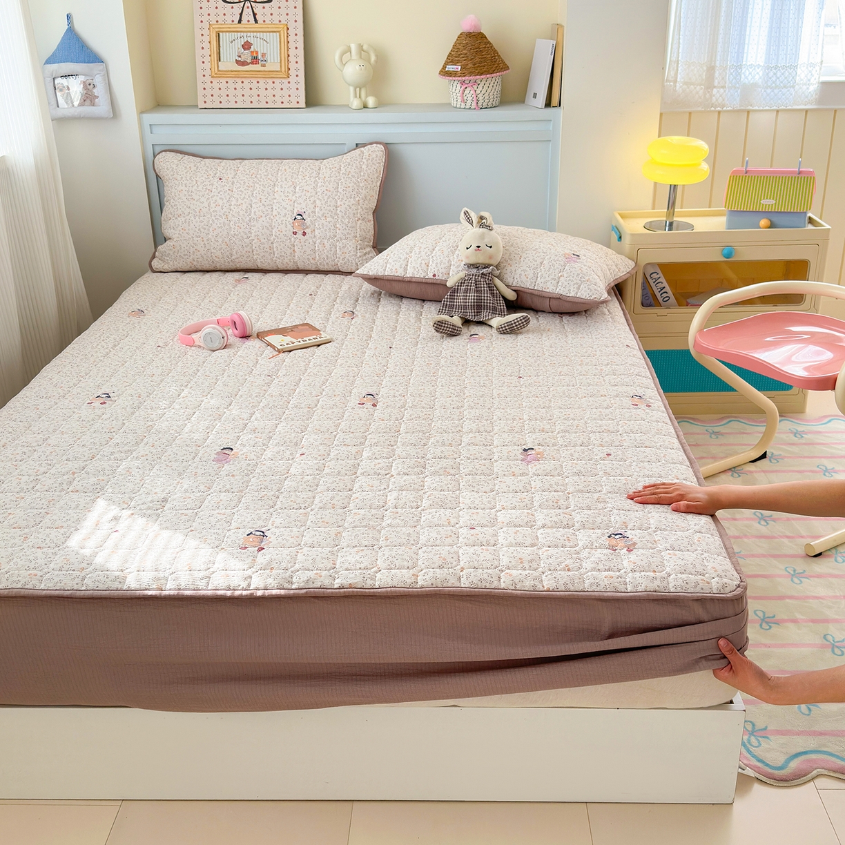 91家纺网 家纺一手货源 找家纺 丽美人家纺 2026新款双层皱皱纱大豆夹棉床笠单床笠床笠单件 JM时光