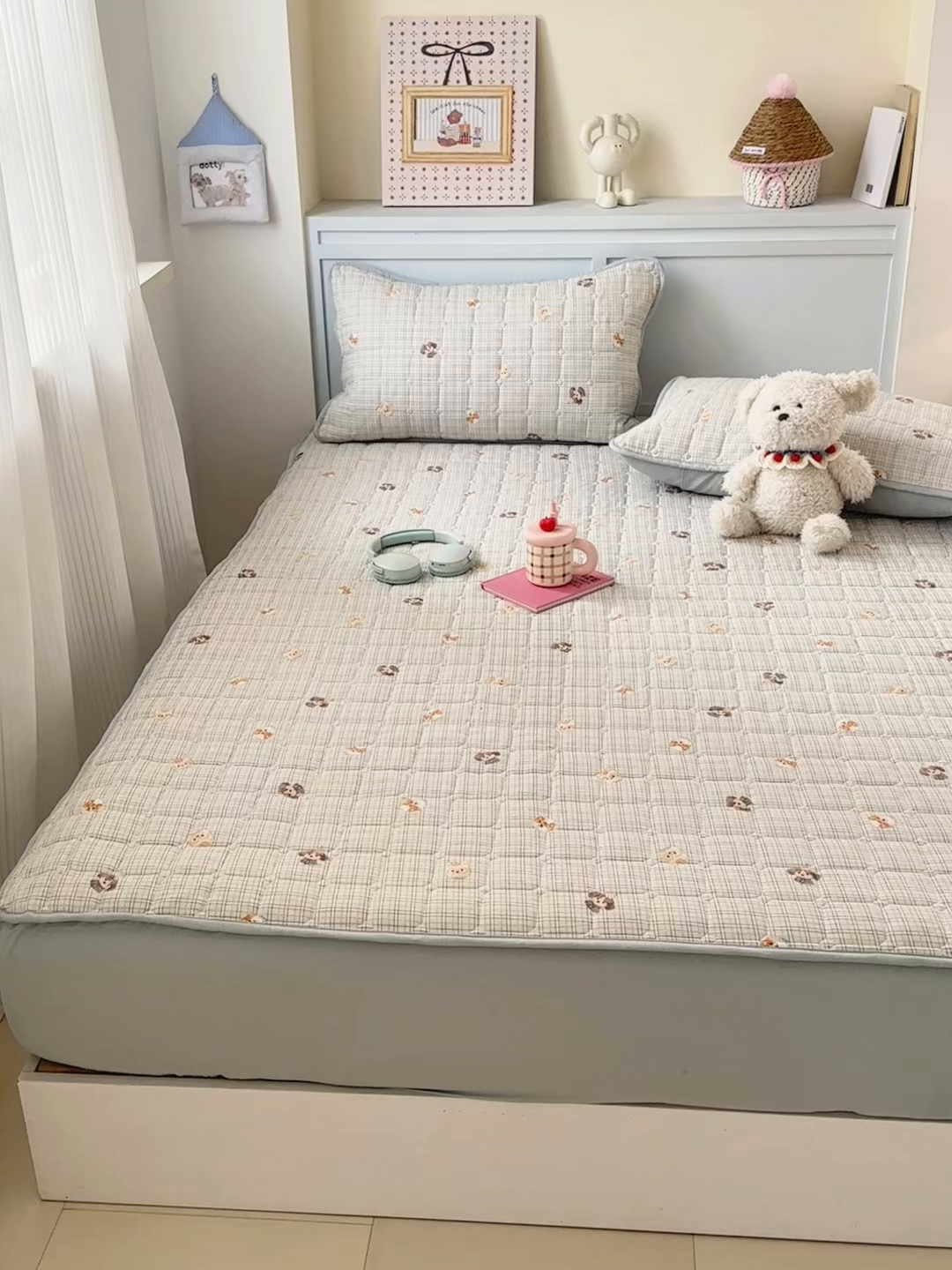 91家纺网 家纺一手货源 找家纺 丽美人家纺 2026新款双层皱皱纱大豆夹棉床笠单床笠床笠单件 JM格仔萌宠