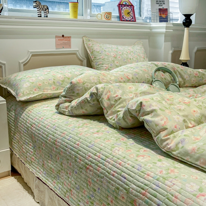 91家纺网 家纺一手货源 找家纺 简一 2026新款全棉床盖四件套春晓绿