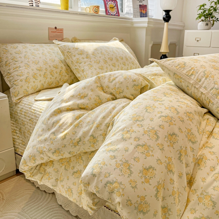 91家纺网 家纺一手货源 找家纺 简一 2026新款全棉床盖四件套晴天小花-黄