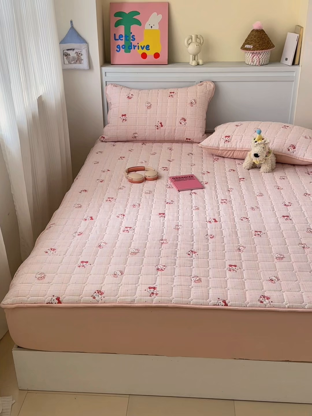 91家纺网 家纺一手货源 找家纺 丽美人家纺 2026新款双层皱皱纱大豆夹棉床笠单床笠床笠单件 JM粉格猫咪