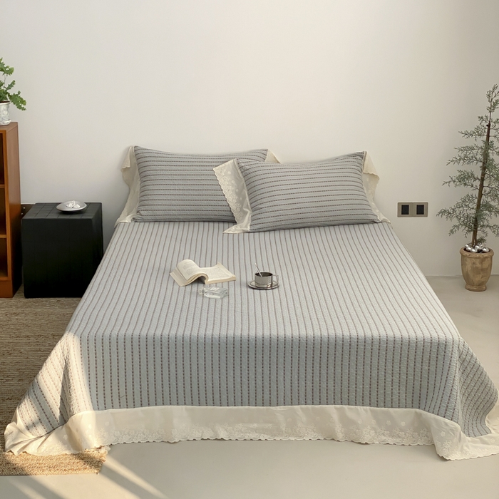 麻依 2026新款全棉纯棉纱布床盖三件套四季款 半纱-蓝