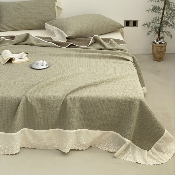 91家纺网 家纺一手货源 找家纺 麻依 2026新款全棉纯棉纱布床盖三件套四季款 慕白-绿