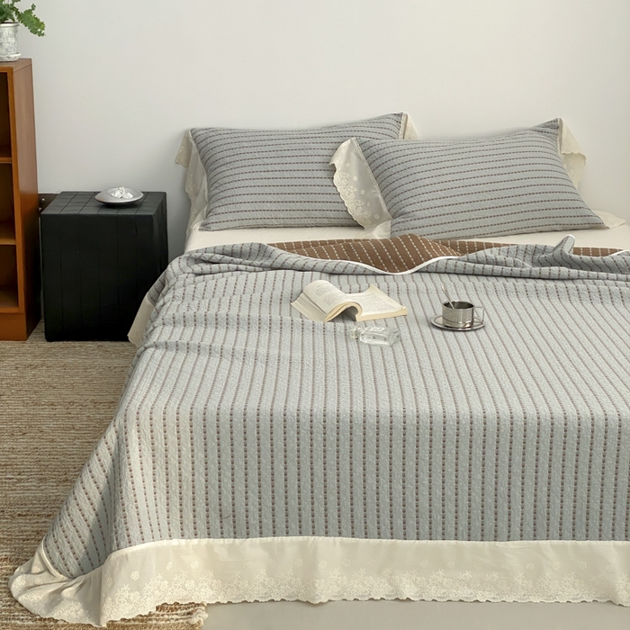 91家纺网 家纺一手货源 找家纺 麻依 2026新款全棉纯棉纱布床盖三件套四季款 半纱-蓝