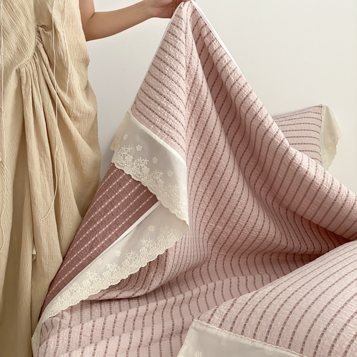 91家纺网 家纺一手货源 找家纺 麻依 2026新款全棉纯棉纱布床盖三件套四季款 半纱-粉