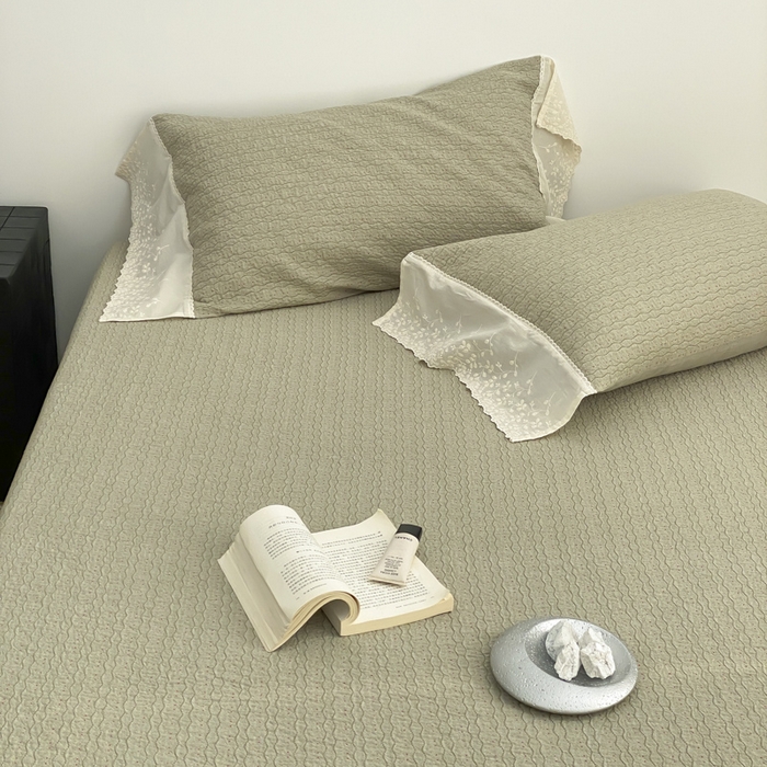 91家纺网 家纺一手货源 找家纺 麻依 2026新款全棉纯棉纱布床盖三件套四季款 慕白-绿