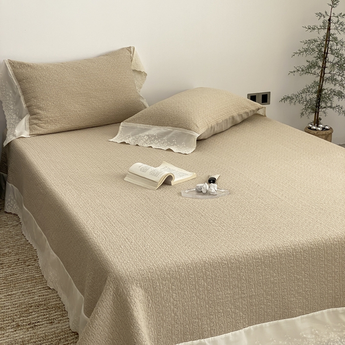 91家纺网 家纺一手货源 找家纺 麻依 2026新款全棉纯棉纱布床盖三件套四季款 慕白-驼