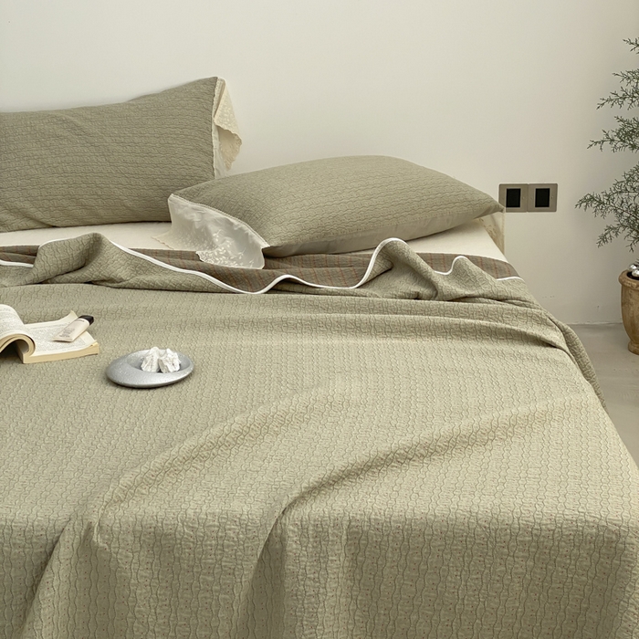 91家纺网 家纺一手货源 找家纺 麻依 2026新款全棉纯棉纱布床盖三件套四季款 慕白-绿