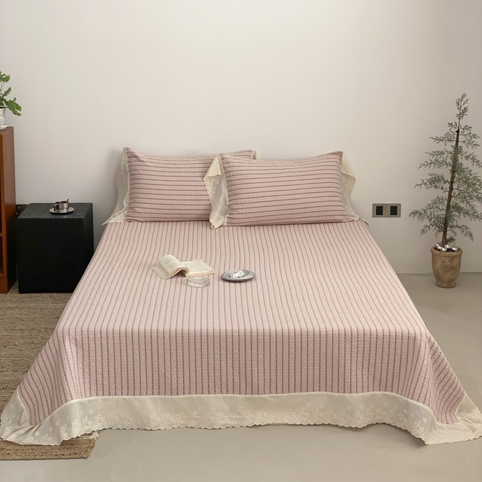 麻依 2026新款全棉纯棉纱布床盖三件套四季款 半纱-粉