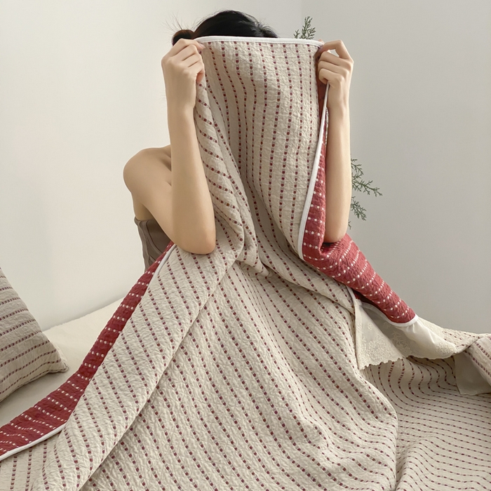 91家纺网 家纺一手货源 找家纺 麻依 2026新款全棉纯棉纱布床盖三件套四季款 半纱-驼