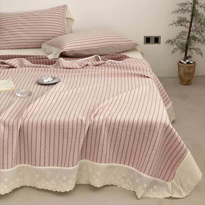 91家纺网 家纺一手货源 找家纺 麻依 2026新款全棉纯棉纱布床盖三件套四季款 半纱-粉