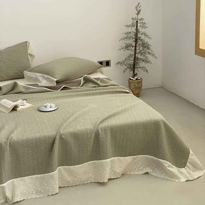 91家纺网 家纺一手货源 找家纺 麻依 2026新款全棉纯棉纱布床盖三件套四季款 慕白-绿