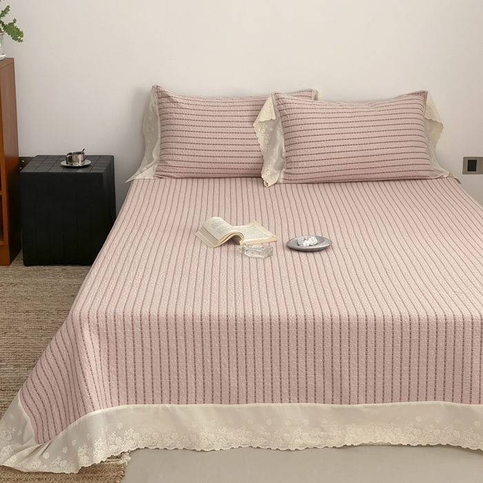 91家纺网 家纺一手货源 找家纺 麻依 2026新款全棉纯棉纱布床盖三件套四季款 半纱-粉