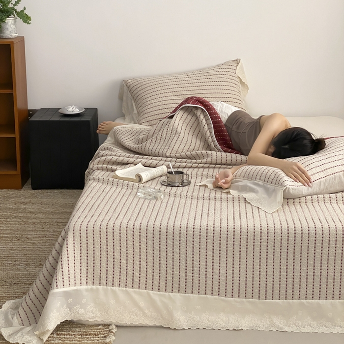 91家纺网 家纺一手货源 找家纺 麻依 2026新款全棉纯棉纱布床盖三件套四季款 半纱-驼