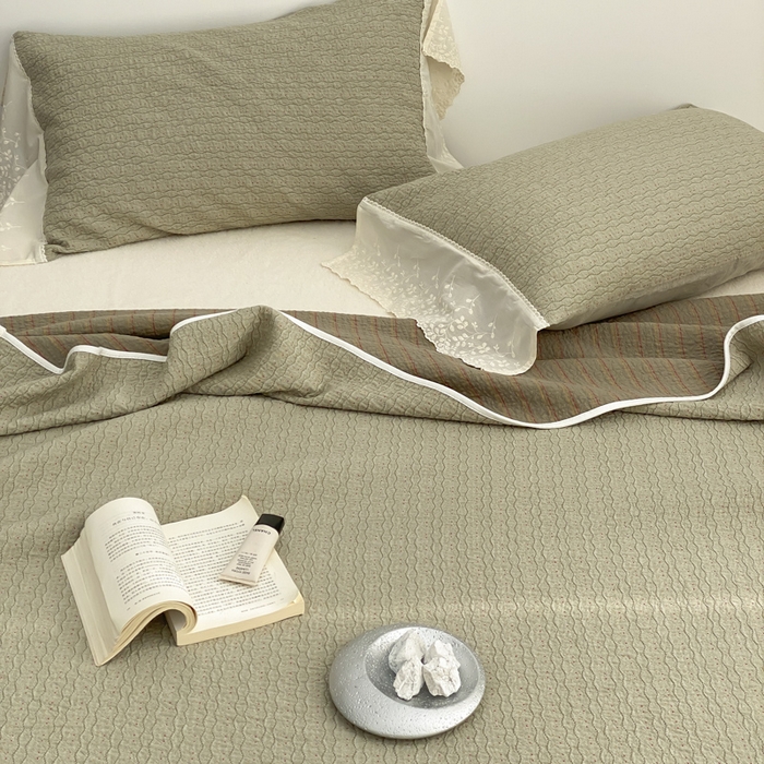 91家纺网 家纺一手货源 找家纺 麻依 2026新款全棉纯棉纱布床盖三件套四季款 慕白-绿