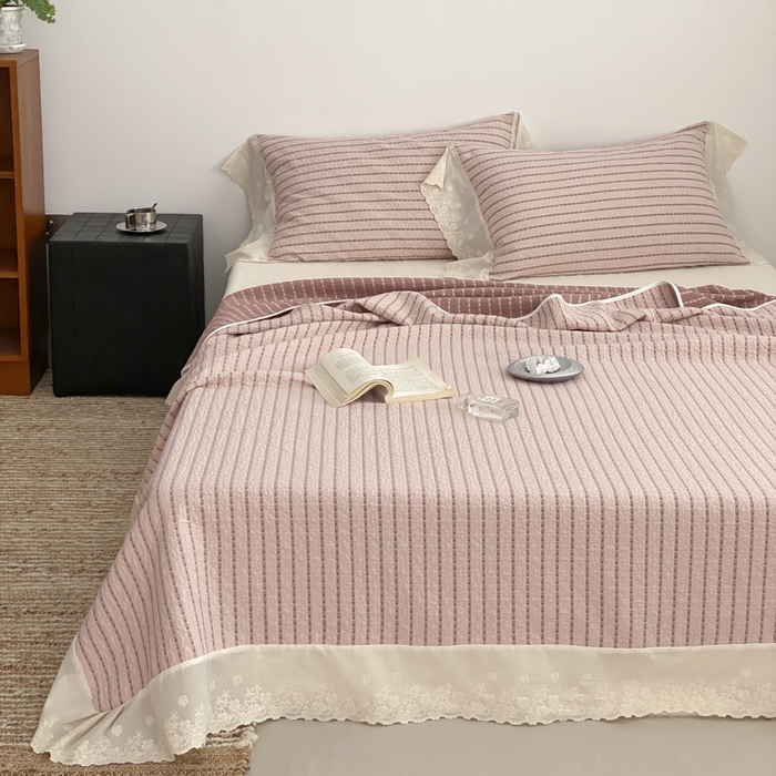 91家纺网 家纺一手货源 找家纺 麻依 2026新款全棉纯棉纱布床盖三件套四季款 半纱-粉