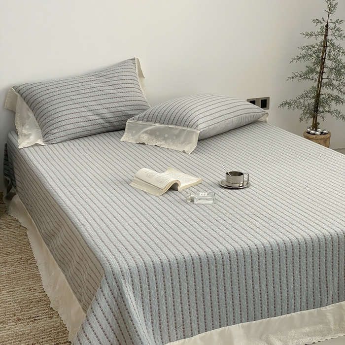 91家纺网 家纺一手货源 找家纺 麻依 2026新款全棉纯棉纱布床盖三件套四季款 半纱-蓝