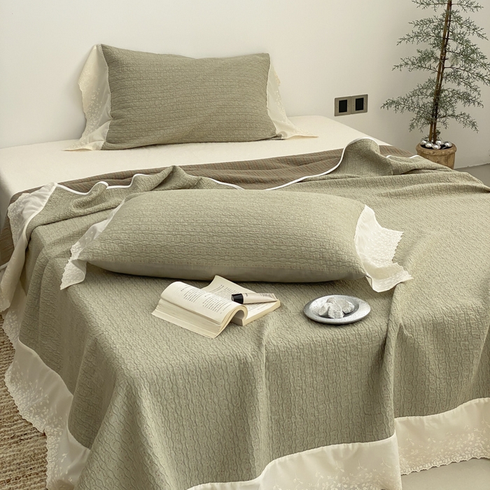 91家纺网 家纺一手货源 找家纺 麻依 2026新款全棉纯棉纱布床盖三件套四季款 慕白-绿