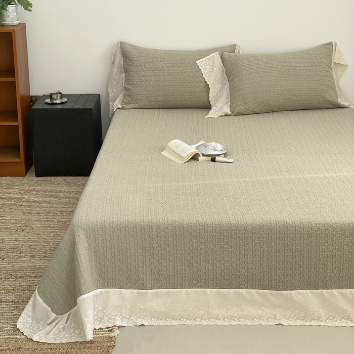 91家纺网 家纺一手货源 找家纺 麻依 2026新款全棉纯棉纱布床盖三件套四季款 慕白-绿