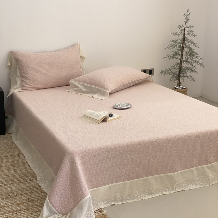 91家纺网 家纺一手货源 找家纺 麻依 2026新款全棉纯棉纱布床盖三件套四季款 慕白-粉