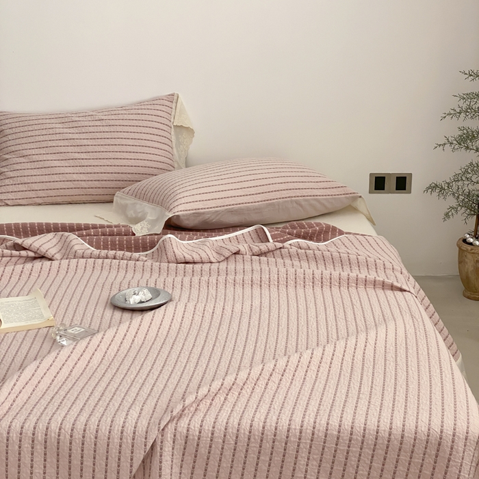 91家纺网 家纺一手货源 找家纺 麻依 2026新款全棉纯棉纱布床盖三件套四季款 半纱-粉