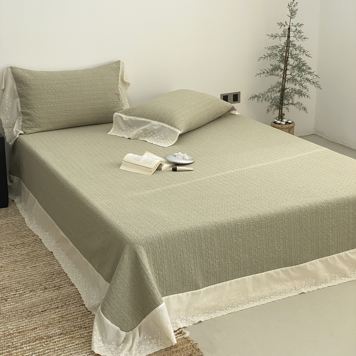 91家纺网 家纺一手货源 找家纺 麻依 2026新款全棉纯棉纱布床盖三件套四季款 慕白-绿