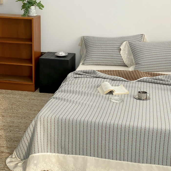 91家纺网 家纺一手货源 找家纺 麻依 2026新款全棉纯棉纱布床盖三件套四季款 半纱-蓝