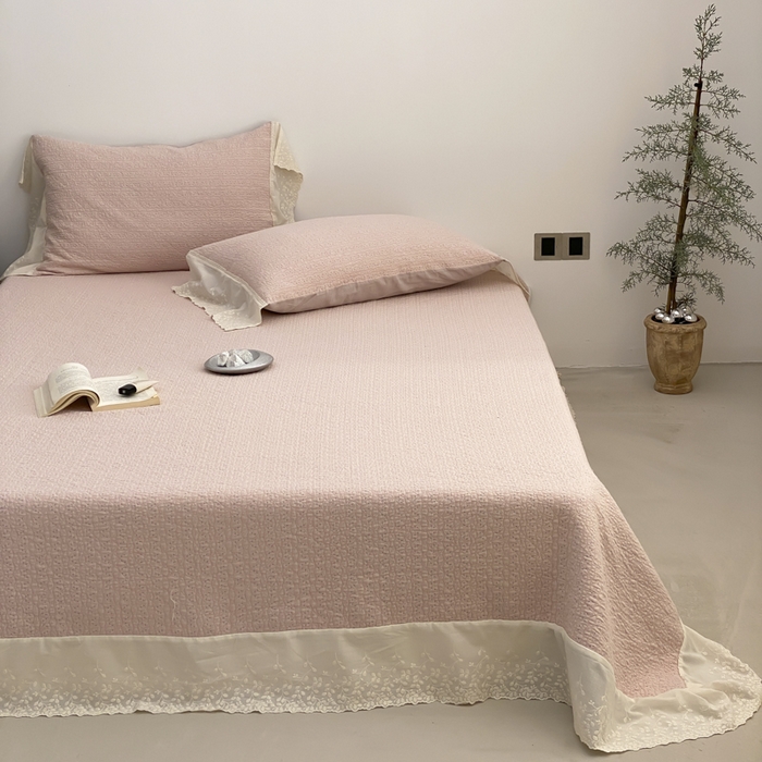 91家纺网 家纺一手货源 找家纺 麻依 2026新款全棉纯棉纱布床盖三件套四季款 慕白-粉