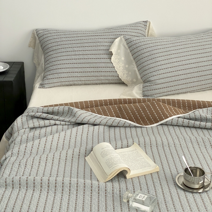 91家纺网 家纺一手货源 找家纺 麻依 2026新款全棉纯棉纱布床盖三件套四季款 半纱-蓝