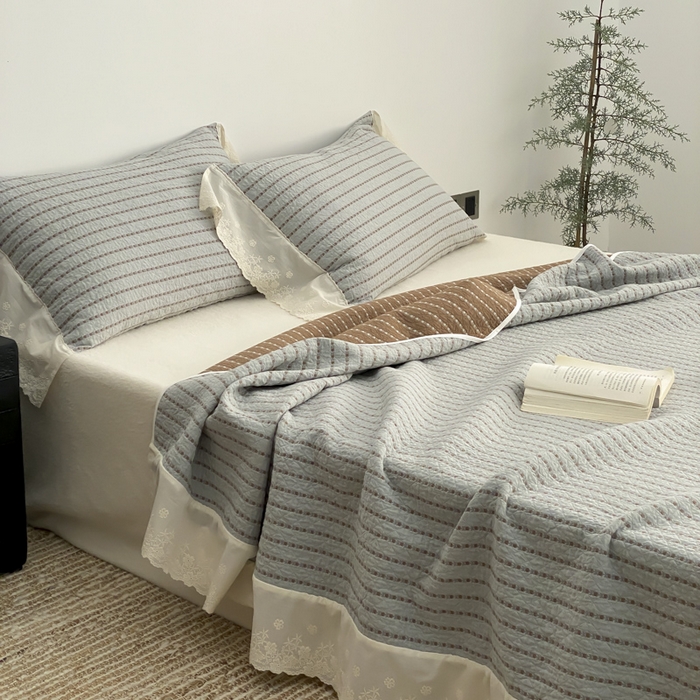 91家纺网 家纺一手货源 找家纺 麻依 2026新款全棉纯棉纱布床盖三件套四季款 半纱-蓝