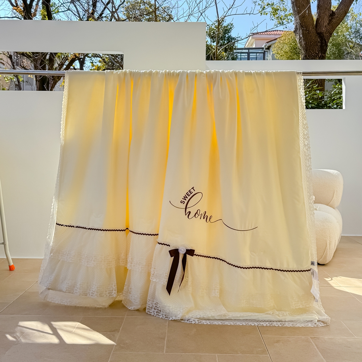 优姿家纺 2026新款热款法式田园风花边天丝绣花夏被被子被芯 奶油米